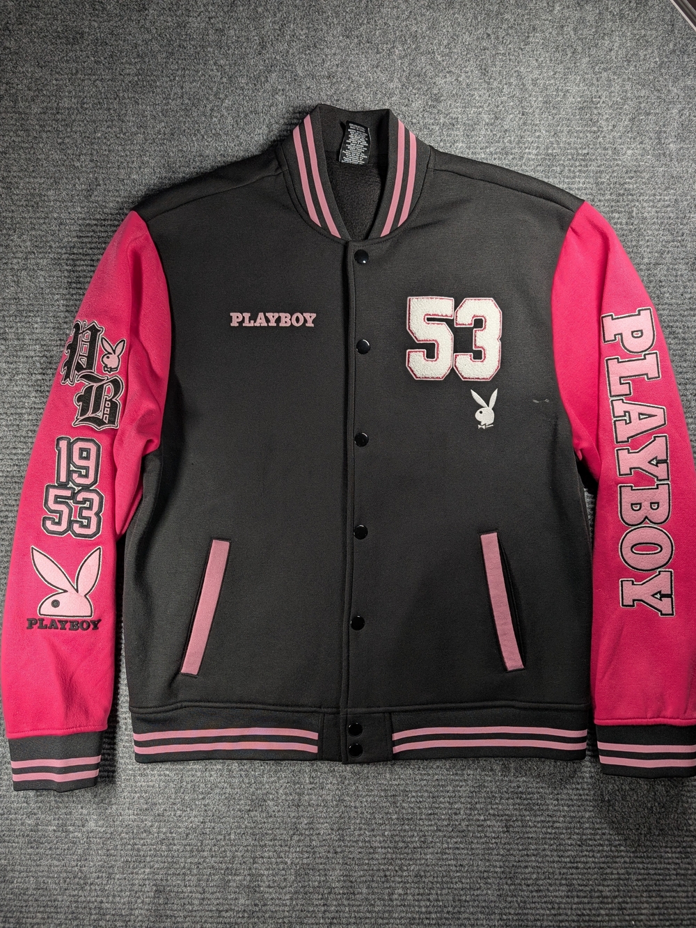 Playboy 53 Varsity Jacket Button Snap Black/Hot Pink Embroidered Size XL